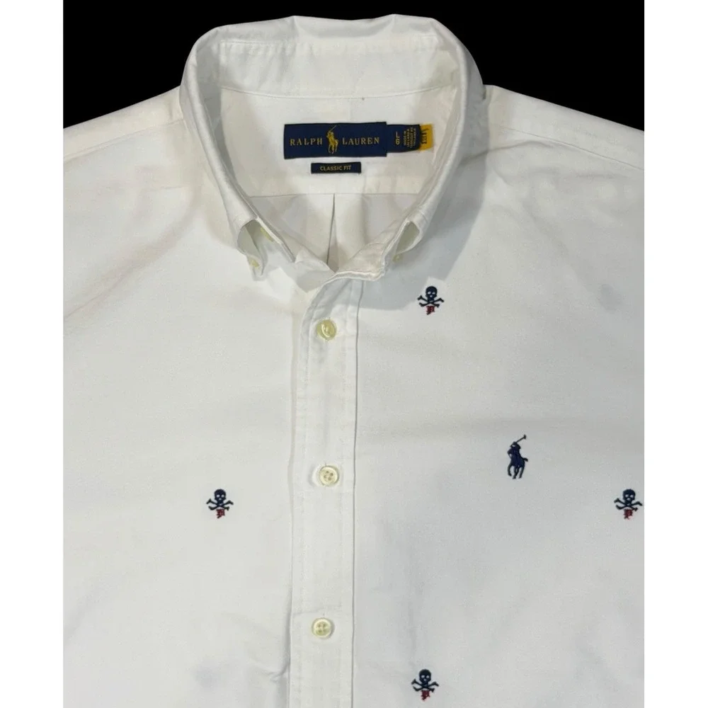 Polo Ralph Lauren Men's White Short Sleeve Skull and Bones Oxford Shirt Large